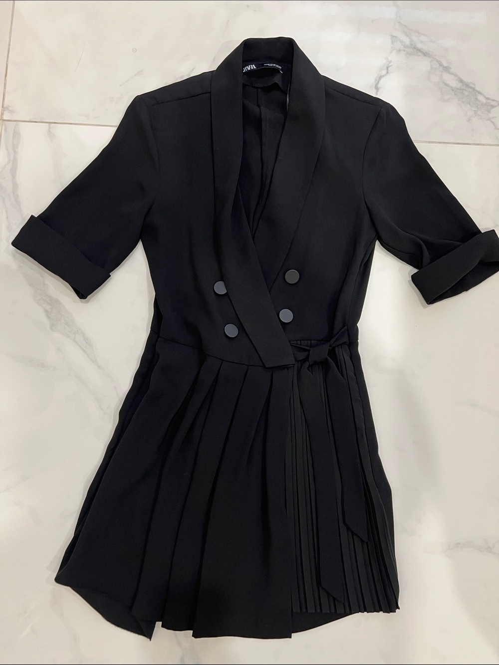 Black Pleated Wrap Romper with Shawl Collar